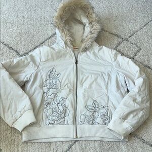 White Puffer Jacket with Artistic Pattern and Faux Fur Hood